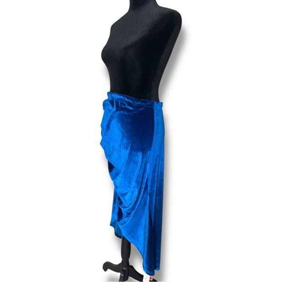 Cider NWT Elegant Royal Blue Asymmetrical Elastic Waist Velvet Midi Skirt - Picture 3 of 15